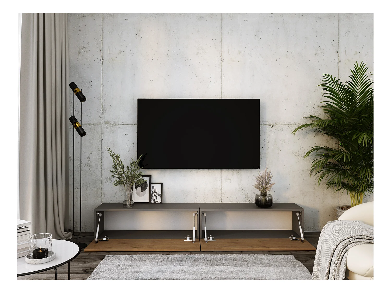 Meuble TV Suspendu, (2 x 100) x 34 x 32 cm, Antracite / Chêne Lancelot