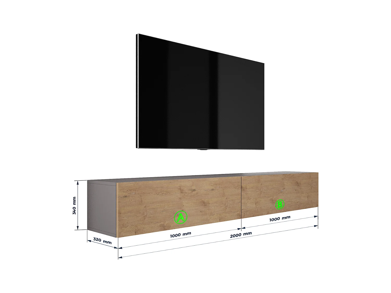 Meuble TV Suspendu, (2 x 100) x 34 x 32 cm, Antracite / Chêne Lancelot