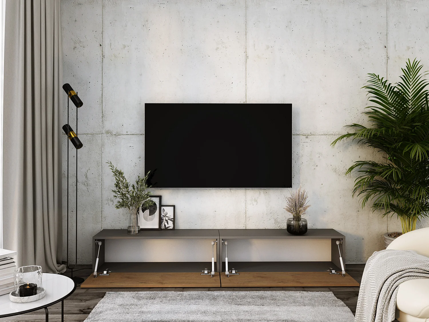 Meuble TV Suspendu, (2 x 100) x 34 x 32 cm, Antracite / Chêne Lancelot