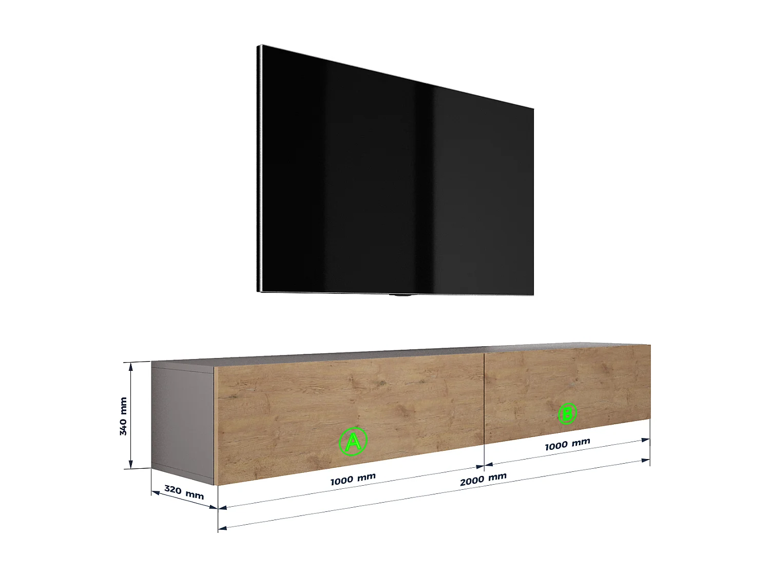 Meuble TV Suspendu, (2 x 100) x 34 x 32 cm, Antracite / Chêne Lancelot
