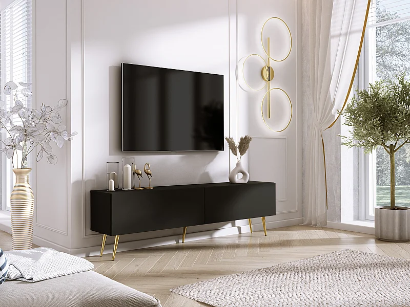 Meuble TV : Noir Mat, pieds dorées, 170 x 52 x 32 cm