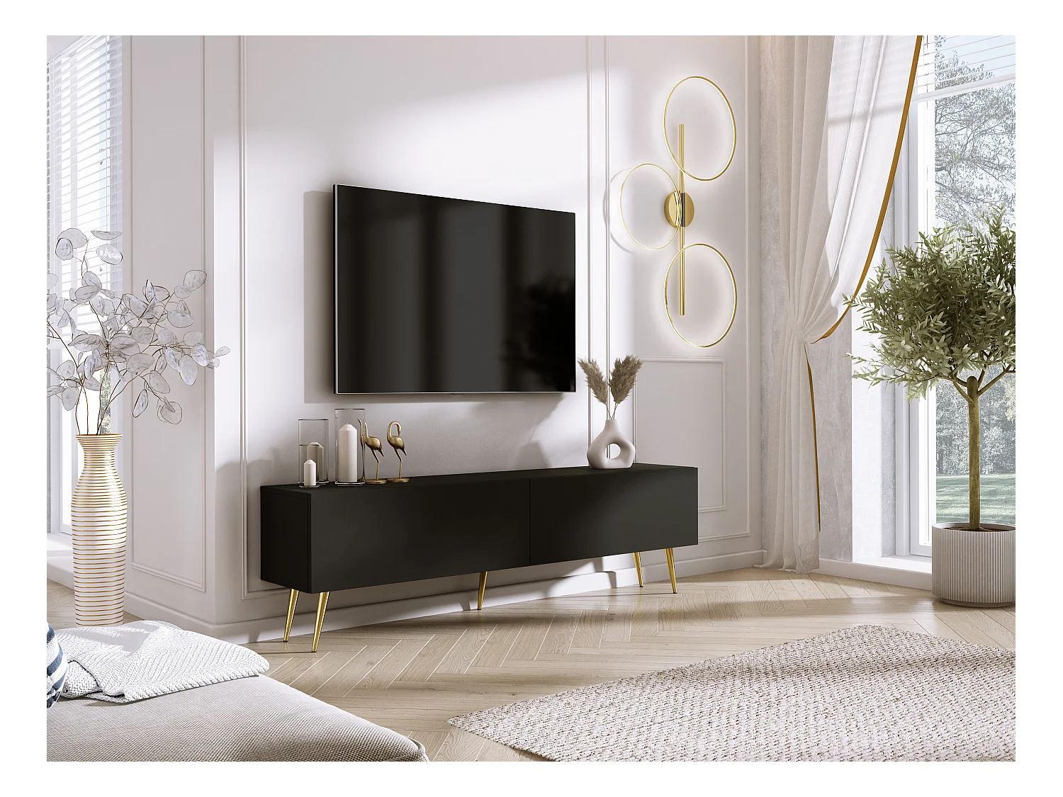 Meuble TV : Noir Mat, pieds dorées, 170 x 52 x 32 cm