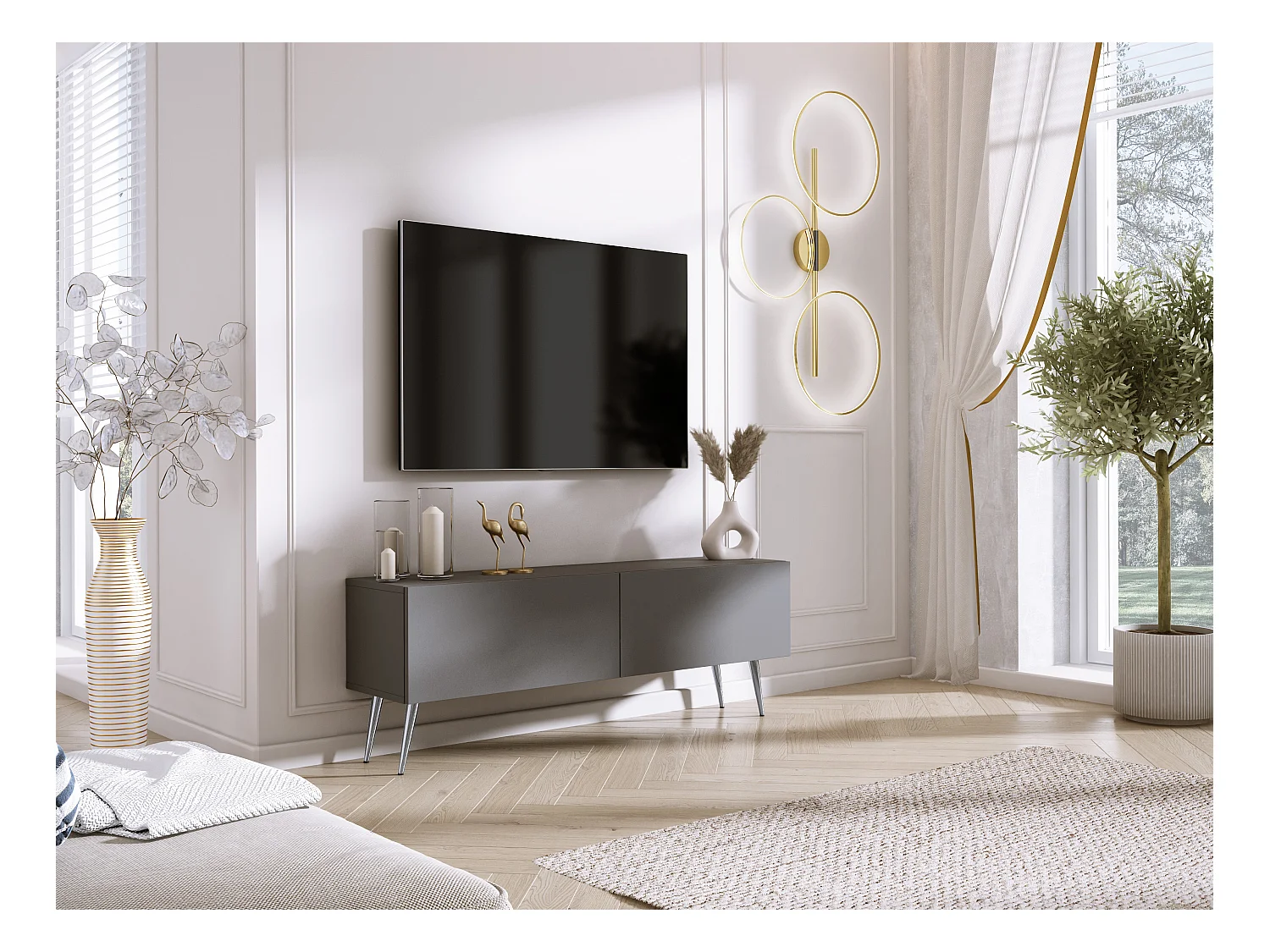 Meuble TV : Anthracite, pieds Chrome, 140 x 52 x 32 cm