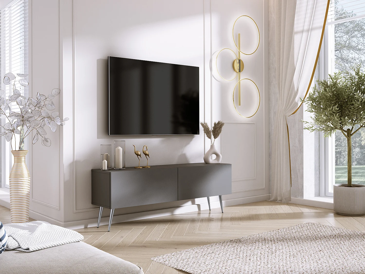 Mueble TV: Antracita, Patas cromadas, 140 x 52 x 32 cm