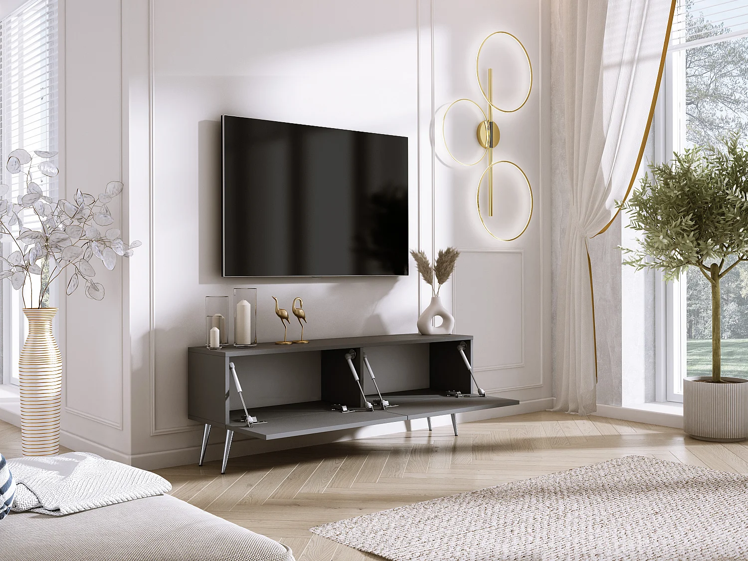 Mueble TV: Antracita, Patas cromadas, 140 x 52 x 32 cm