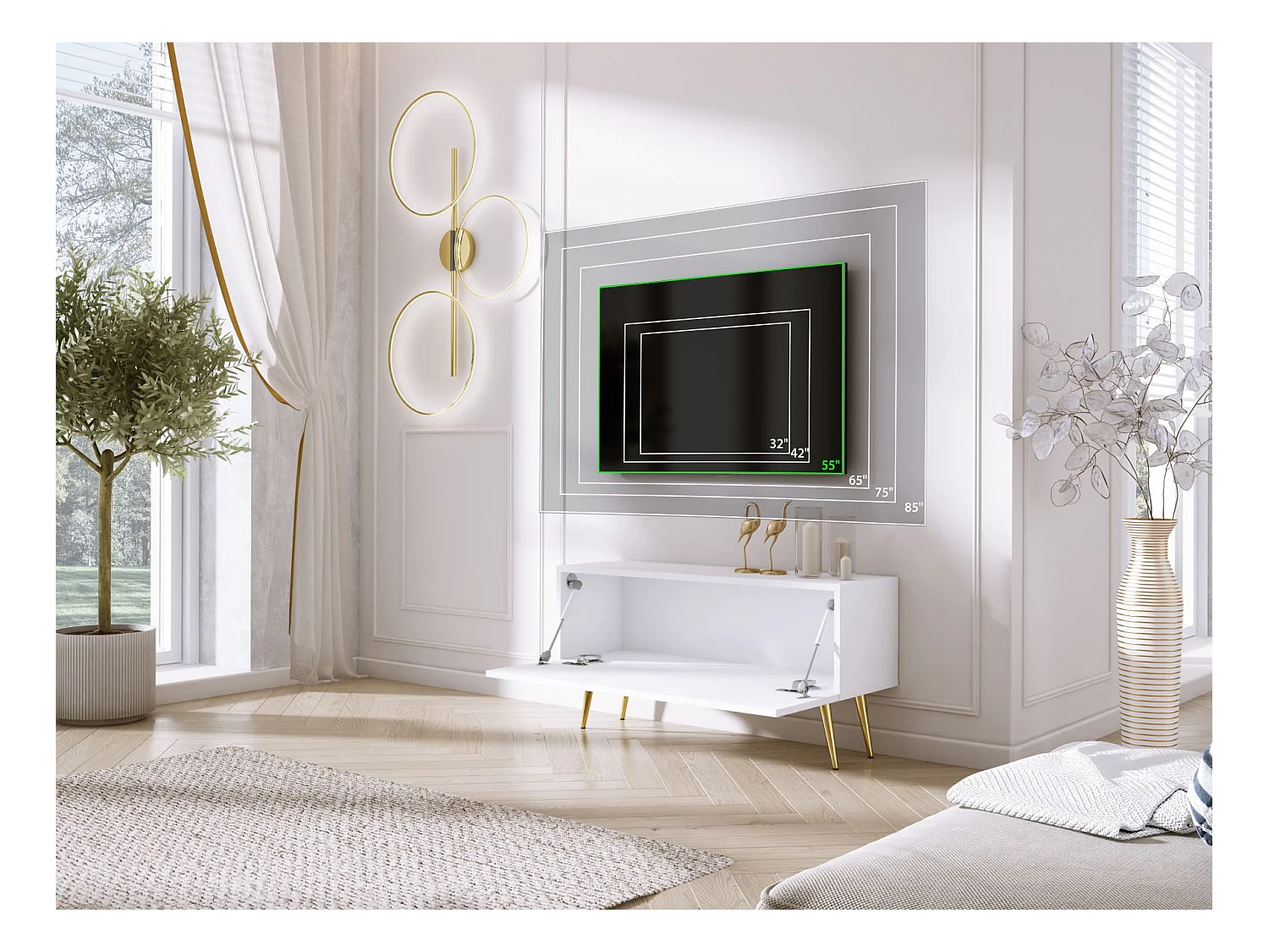 Meuble TV, Blanc Mat, pieds dorées, 100 x 52 x 32 cm