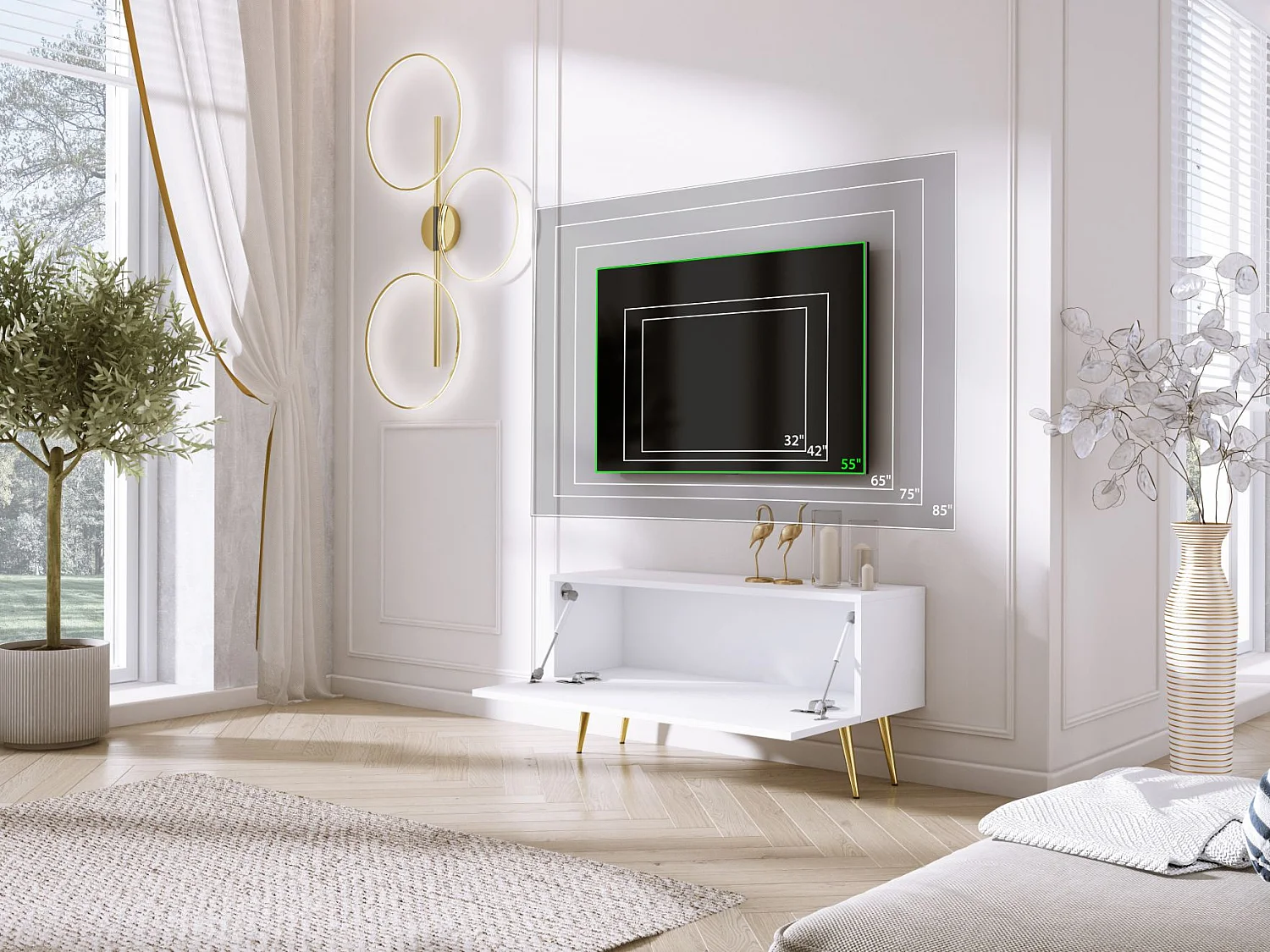 TV-Schrank, Mattweiß, goldene Beine, 100 x 52 x 32 cm