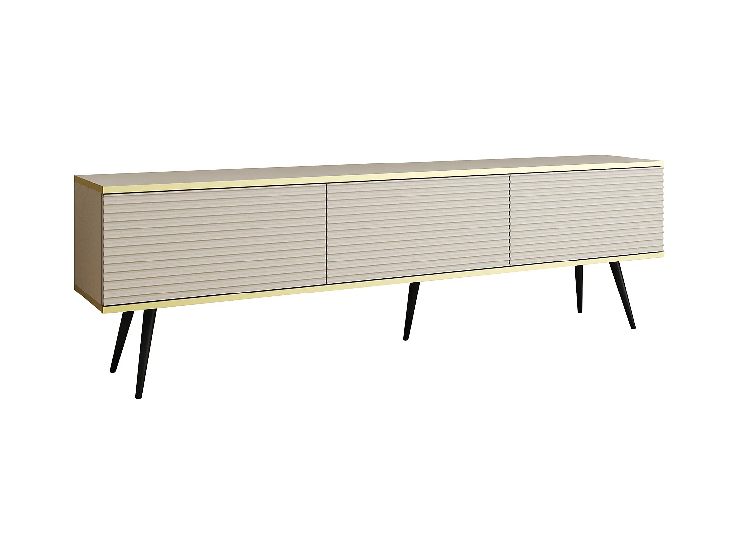 Meuble TV Avec Lamelles Beige, pieds Noir, 175 x 30 x 52 cm, Push to Open