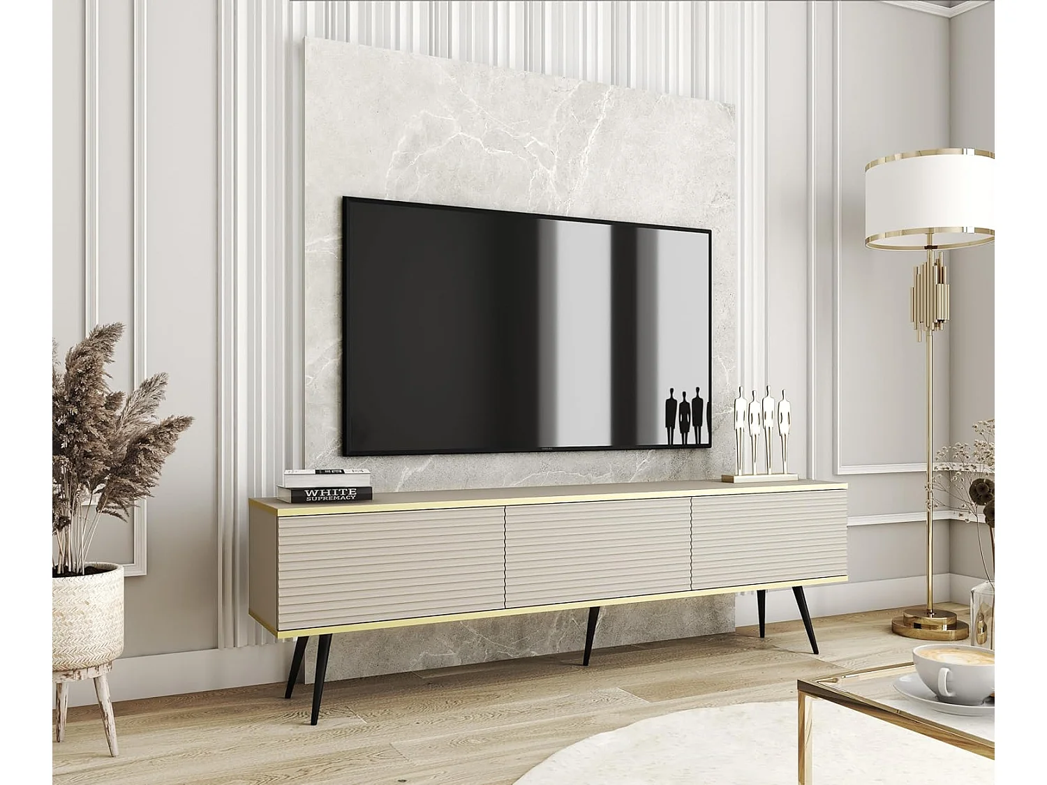 Meuble TV Avec Lamelles Beige, pieds Noir, 175 x 30 x 52 cm, Push to Open
