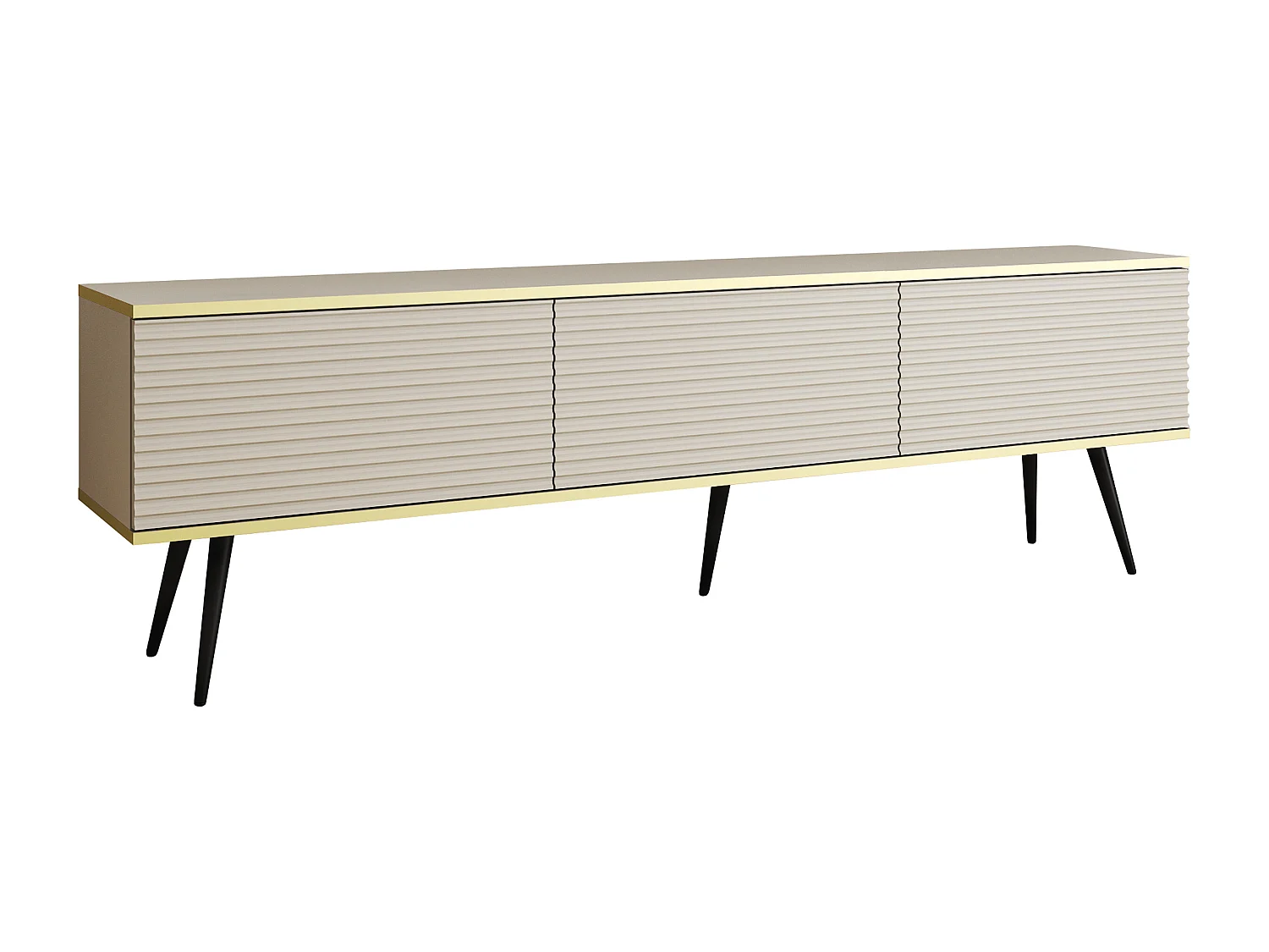 Meuble TV Avec Lamelles Beige, pieds Noir, 175 x 30 x 52 cm, Push to Open