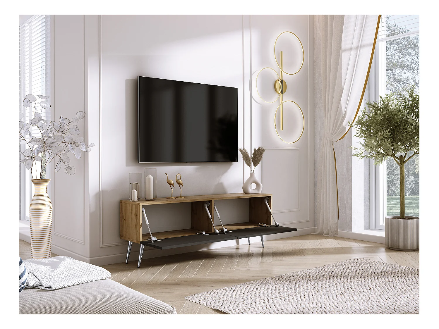 TV-Schrank: Wotan-Eiche / Mattschwarz, Chrombeine, 140 x 52 x 32 cm