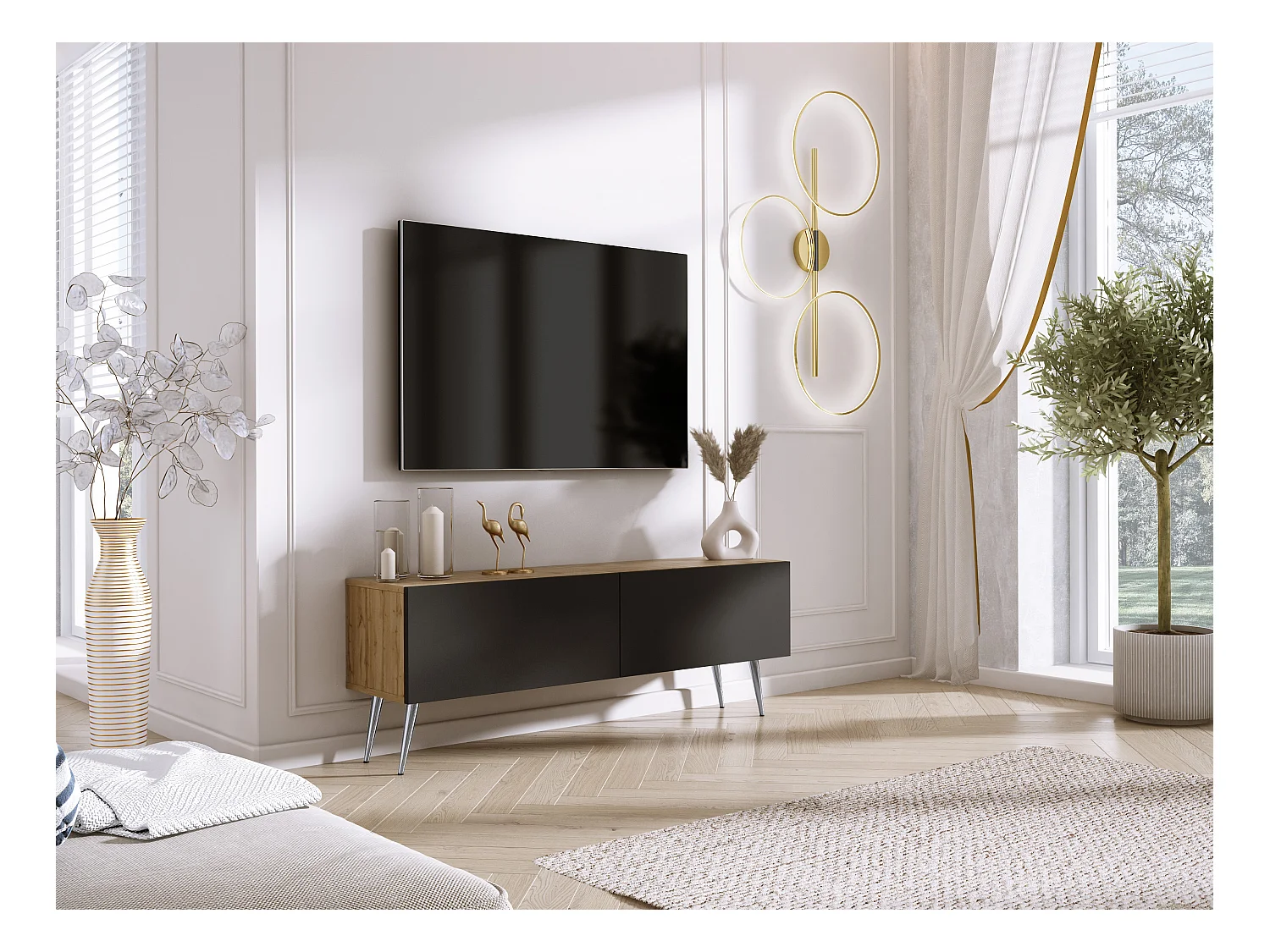 Meuble TV : Chêne Wotan / Noir Mat, pieds Chrome, 140 x 52 x 32 cm