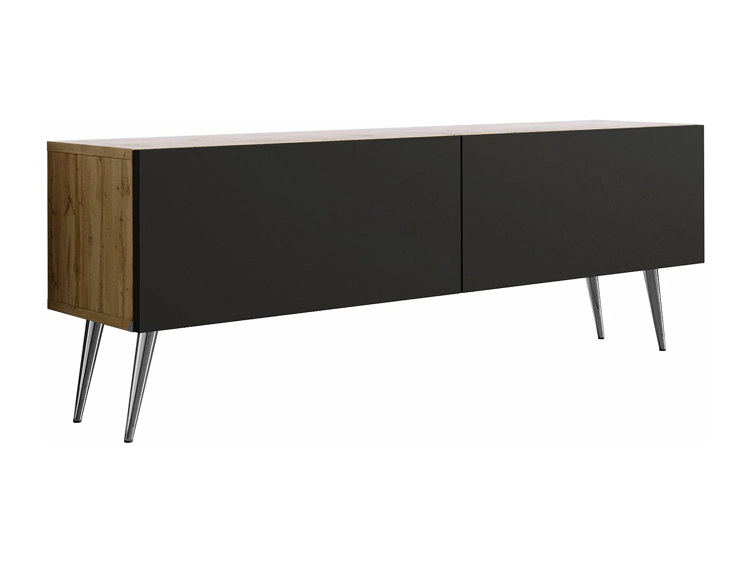 Meuble TV : Chêne Wotan / Noir Mat, pieds Chrome, 140 x 52 x 32 cm