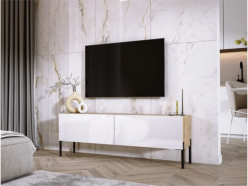 Meuble TV : Chêne Wotan / Blanc Brillant, pieds noires, 140 x 52 x 32 cm
