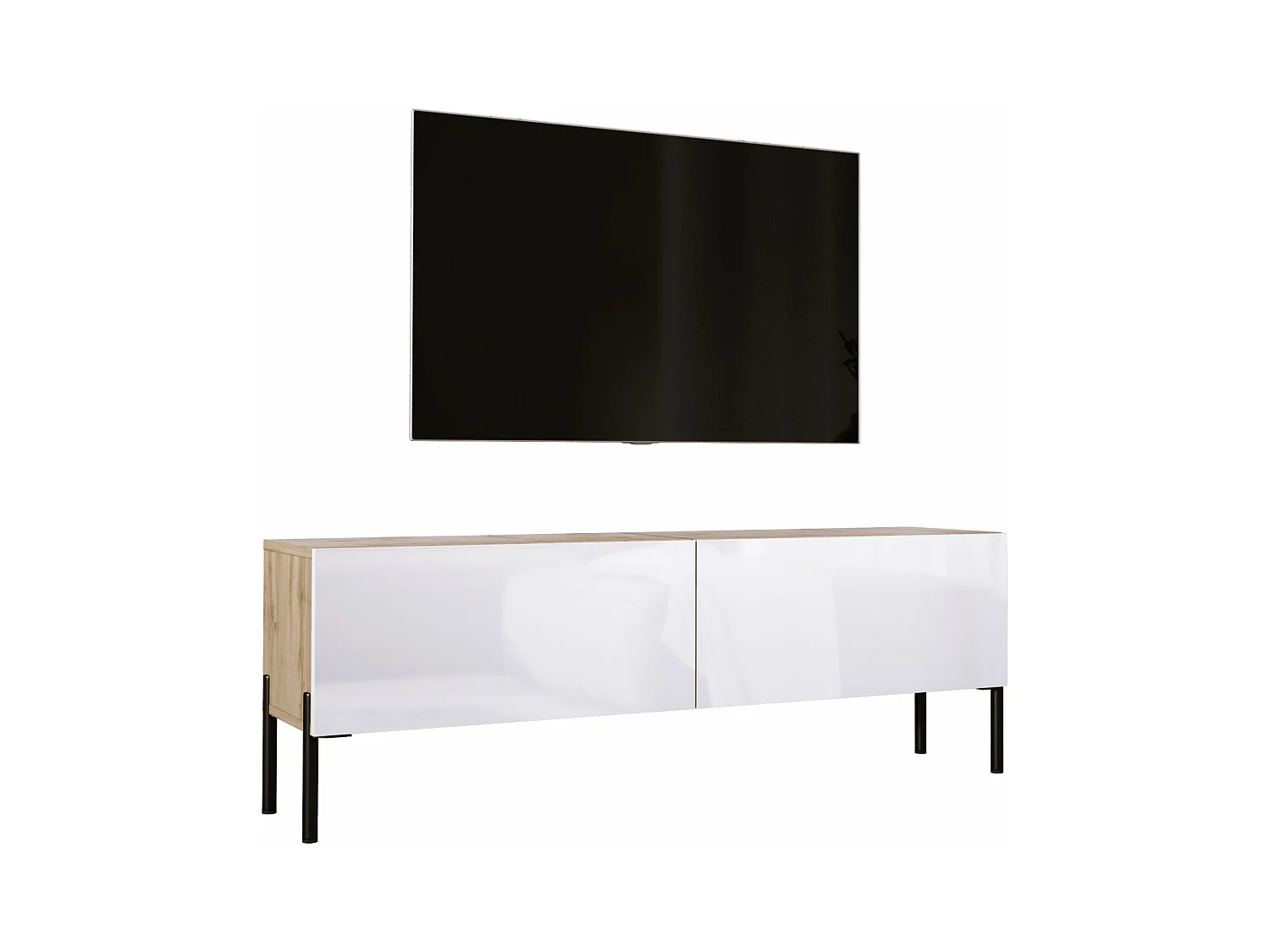 Meuble TV : Chêne Wotan / Blanc Brillant, pieds noires, 140 x 52 x 32 cm