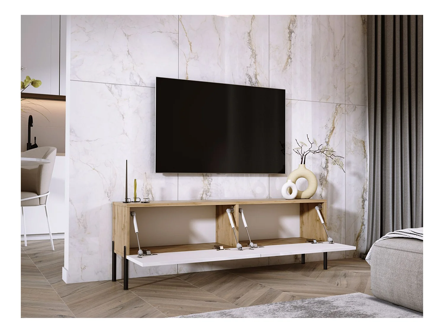 Meuble TV : Chêne Wotan / Blanc Brillant, pieds noires, 140 x 52 x 32 cm