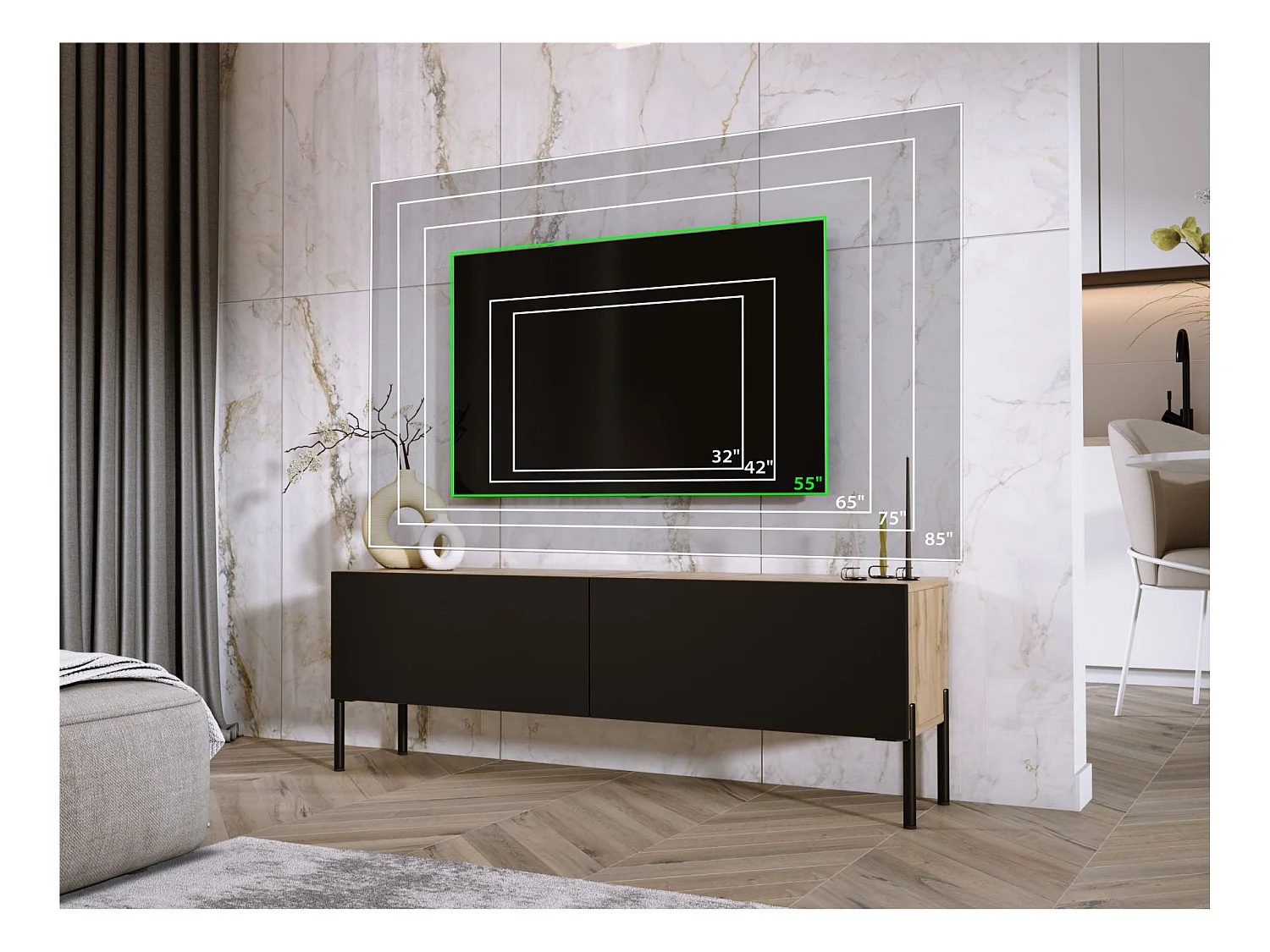 Meuble TV : Chêne Wotan / Blanc Brillant, pieds noires, 140 x 52 x 32 cm