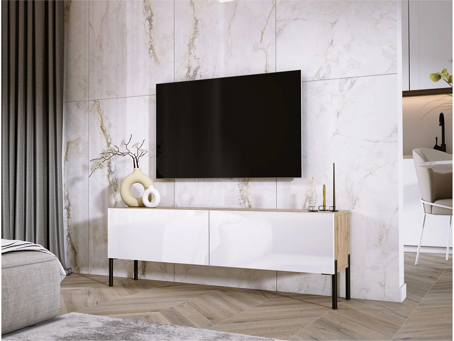 Szafka RTV: Dąb Wotan / Biały Połysk, nogi czarne, 140 x 52 x 32 cm