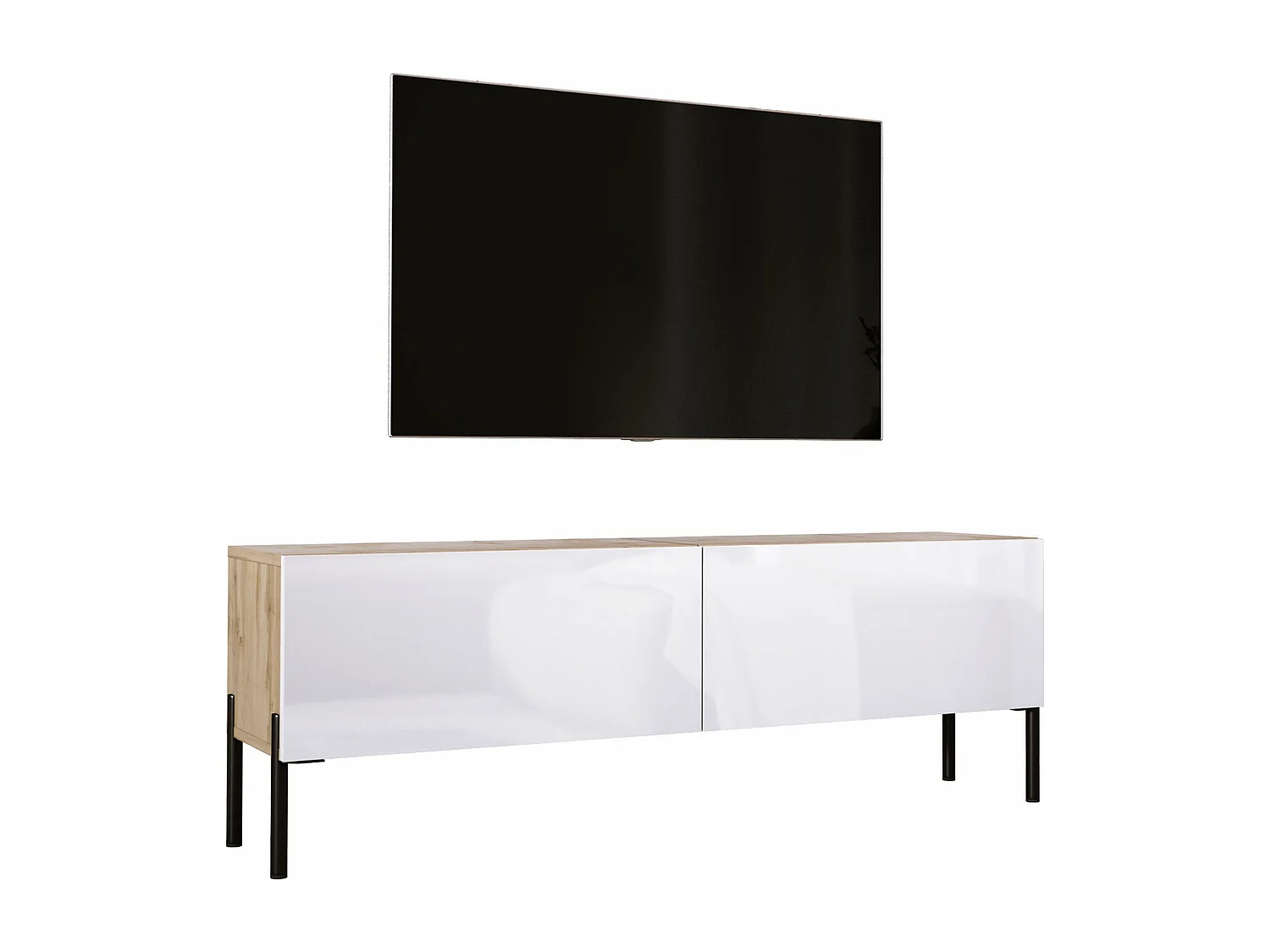 Szafka RTV: Dąb Wotan / Biały Połysk, nogi czarne, 140 x 52 x 32 cm