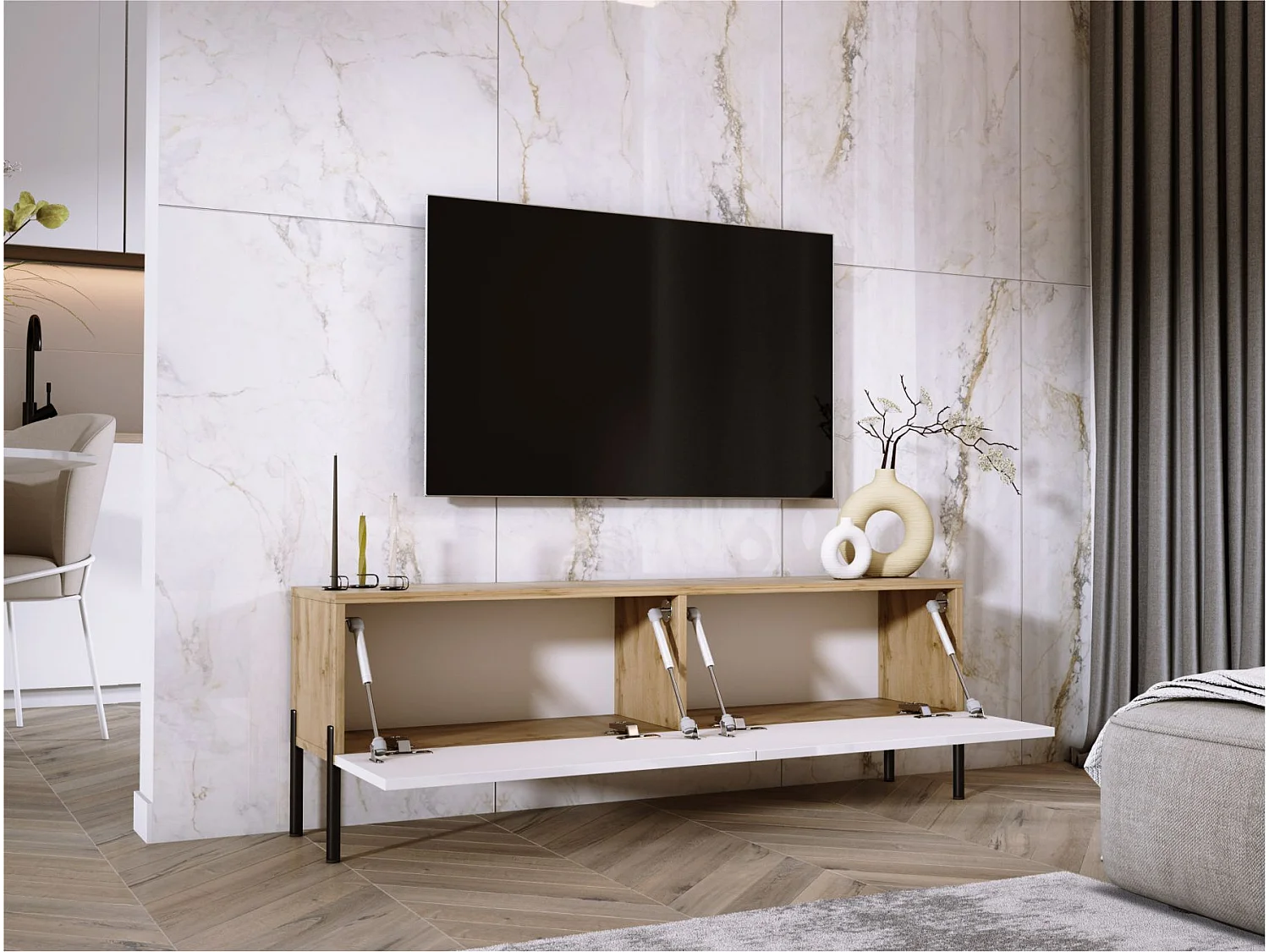 Szafka RTV: Dąb Wotan / Biały Połysk, nogi czarne, 140 x 52 x 32 cm