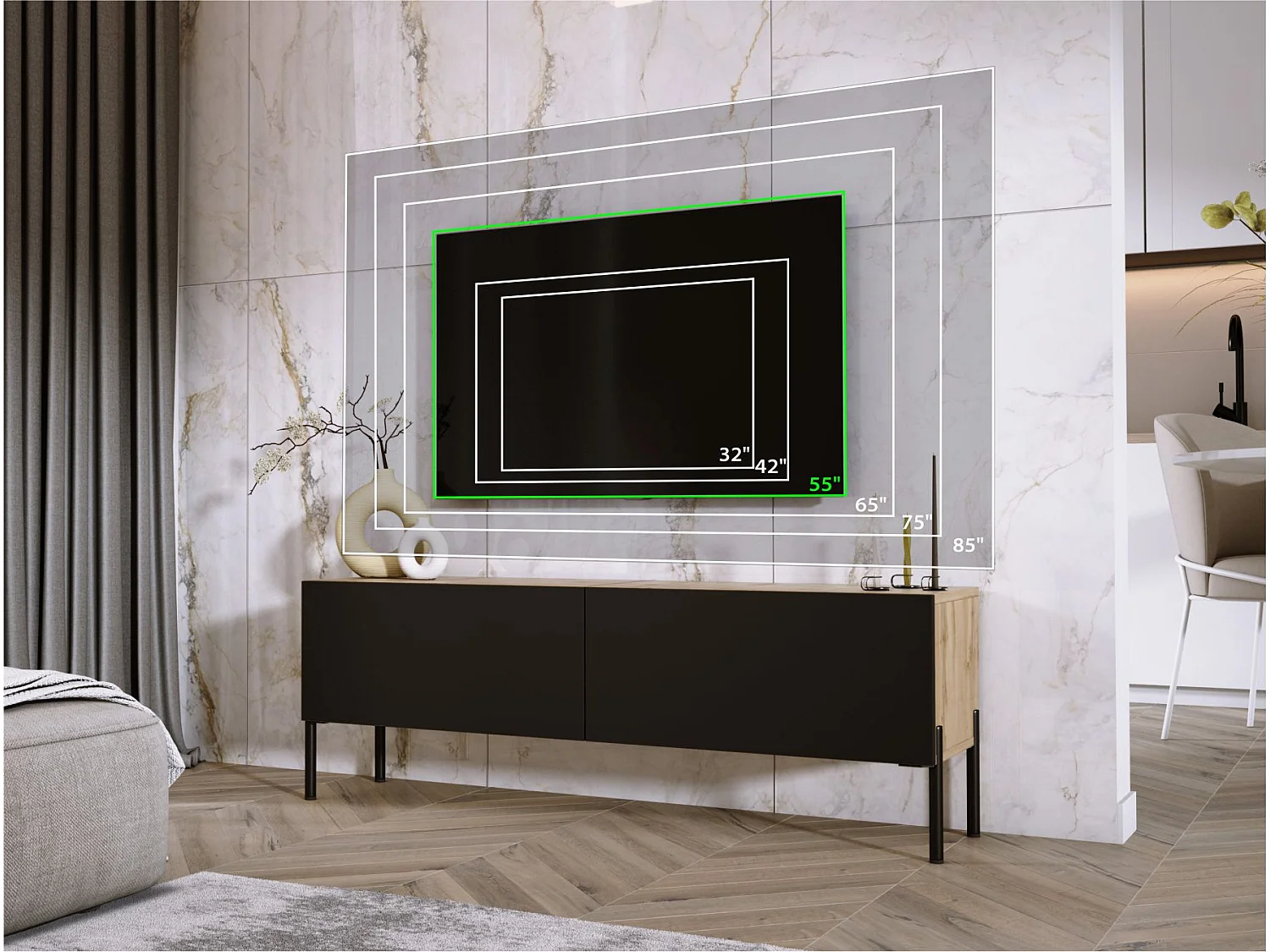 Szafka RTV: Dąb Wotan / Biały Połysk, nogi czarne, 140 x 52 x 32 cm