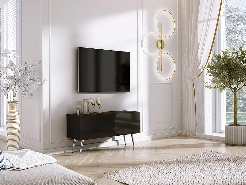 Meuble TV : Noir Mat/Noir Brillant, pieds Chrome, 100 x 52 x 32 cm