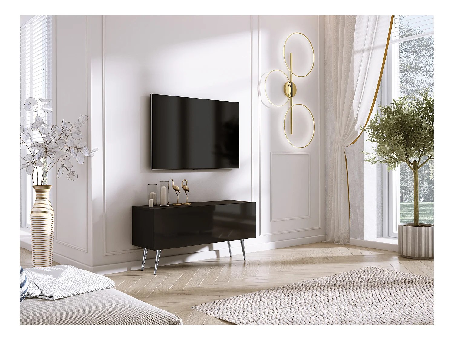 Meuble TV : Noir Mat/Noir Brillant, pieds Chrome, 100 x 52 x 32 cm