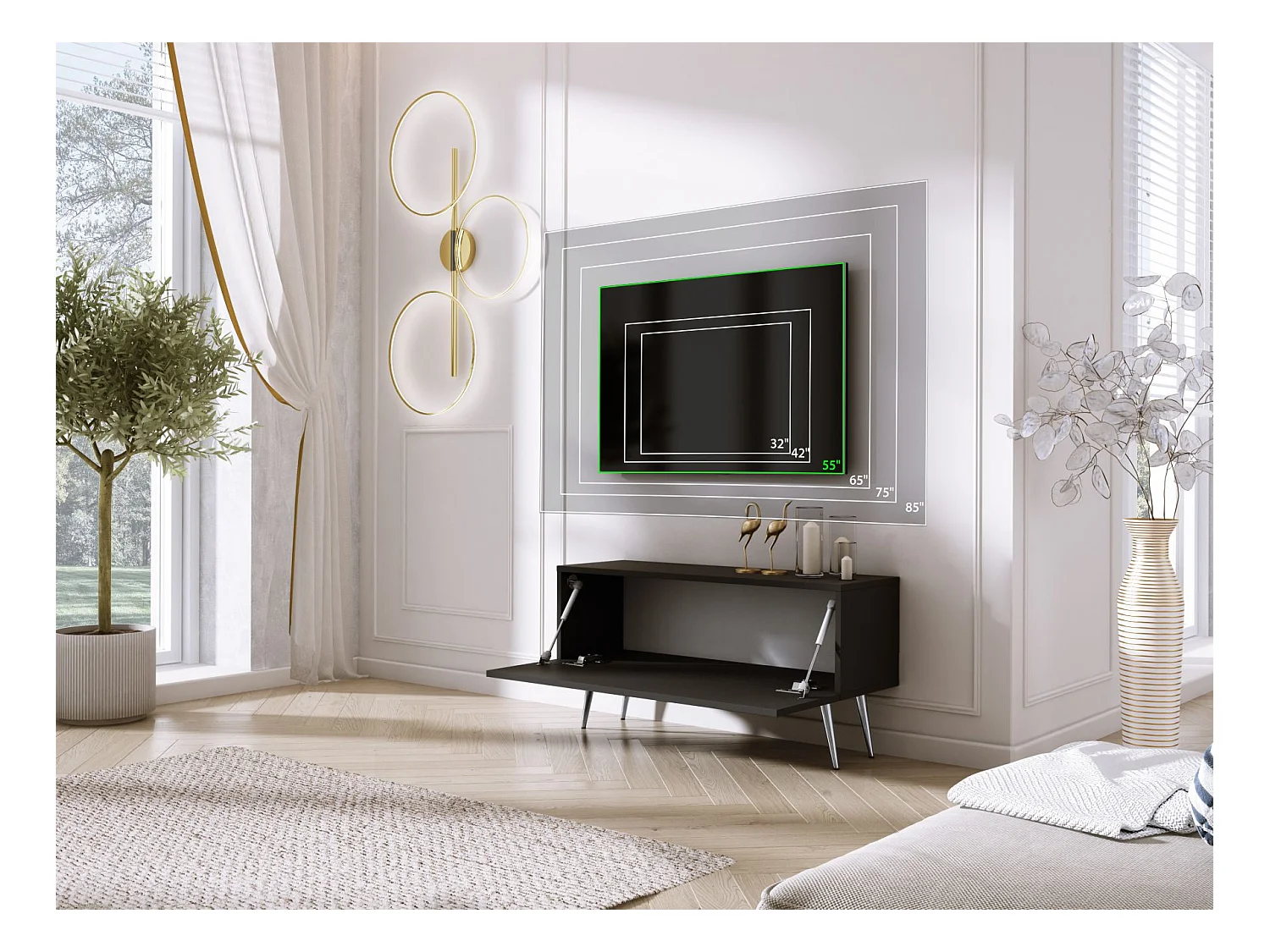 Meuble TV : Noir Mat/Noir Brillant, pieds Chrome, 100 x 52 x 32 cm