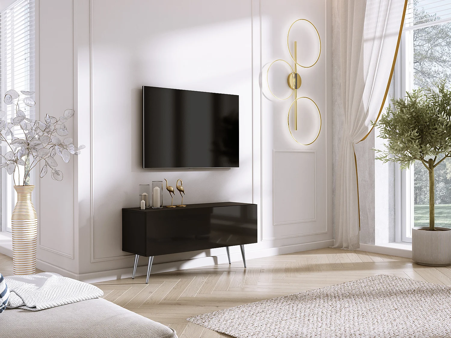 Meuble TV : Noir Mat/Noir Brillant, pieds Chrome, 100 x 52 x 32 cm