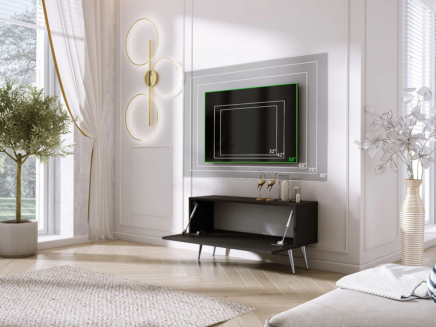 Meuble TV : Noir Mat/Noir Brillant, pieds Chrome, 100 x 52 x 32 cm