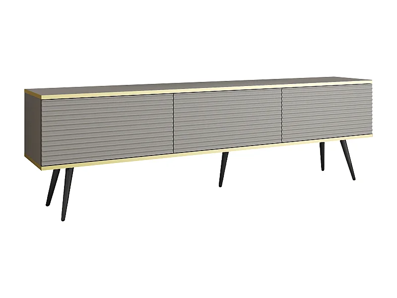 Meuble TV Avec Lamelles Gris, pieds Noir, 175 x 30 x 52 cm, Push to Open