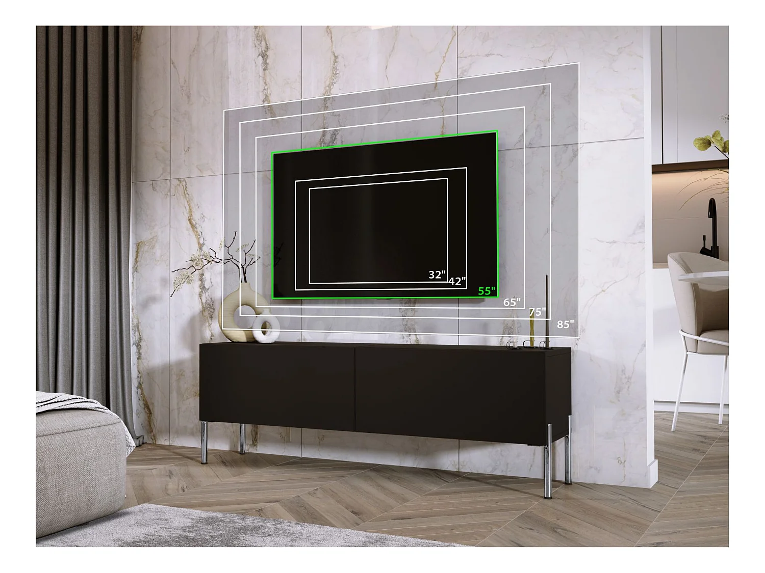 TV-Schrank: Mattschwarz / Hochglanzschwarz, Chrombeine, 140 x 52 x 32 cm