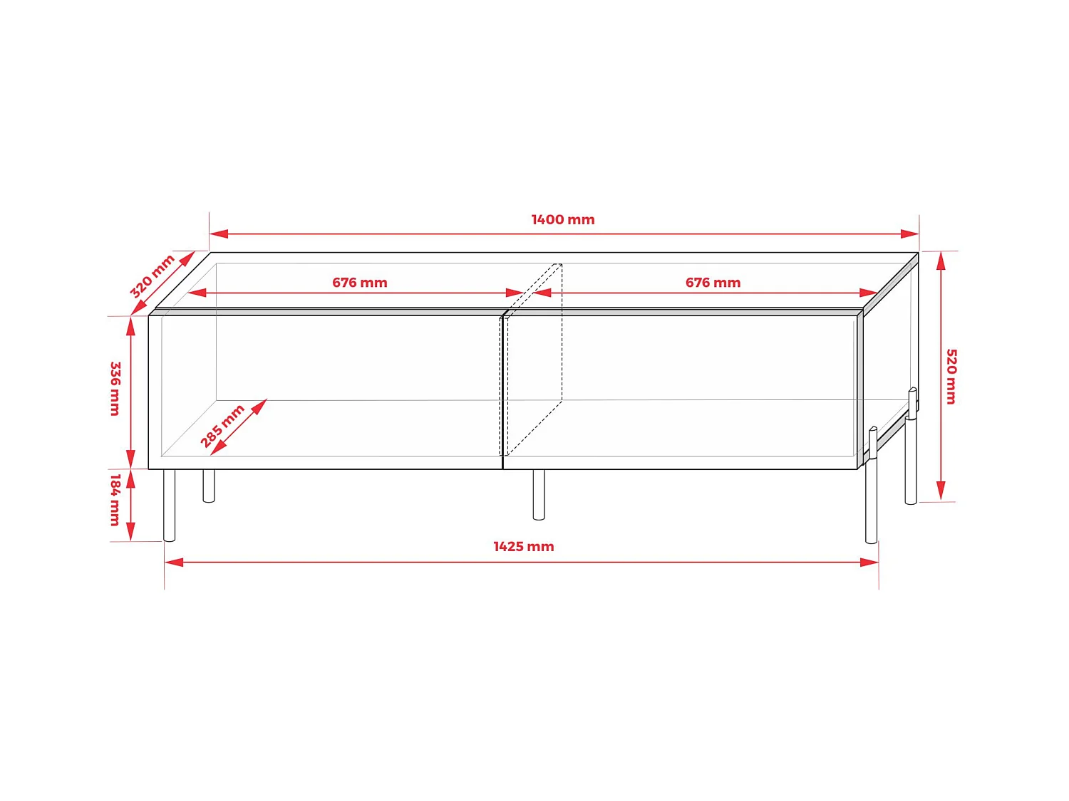 TV-Schrank: Mattschwarz / Hochglanzschwarz, Chrombeine, 140 x 52 x 32 cm