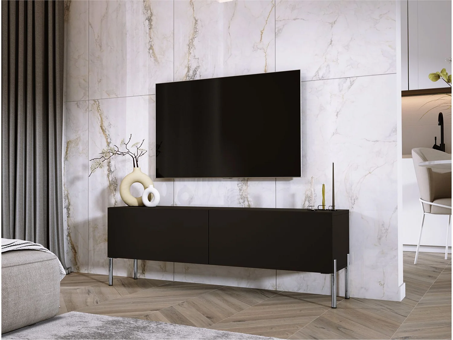 Meuble TV : Noir Mat / Noir Brillant, pieds Chrome, 140 x 52 x 32 cm