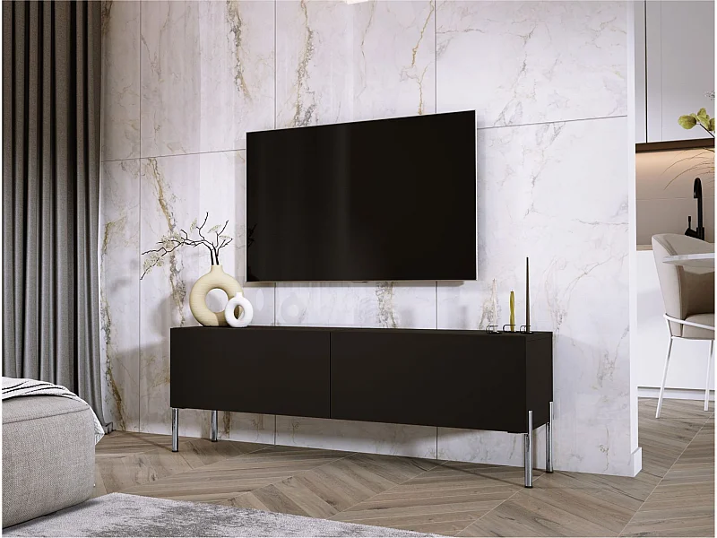 Meuble TV : Noir Mat / Noir Brillant, pieds Chrome, 140 x 52 x 32 cm