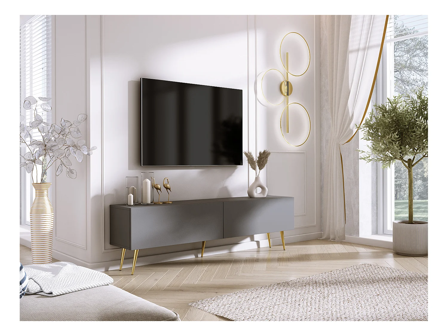 Szafka RTV: Antracyt, złote nogi, 170 x 52 x 32 cm