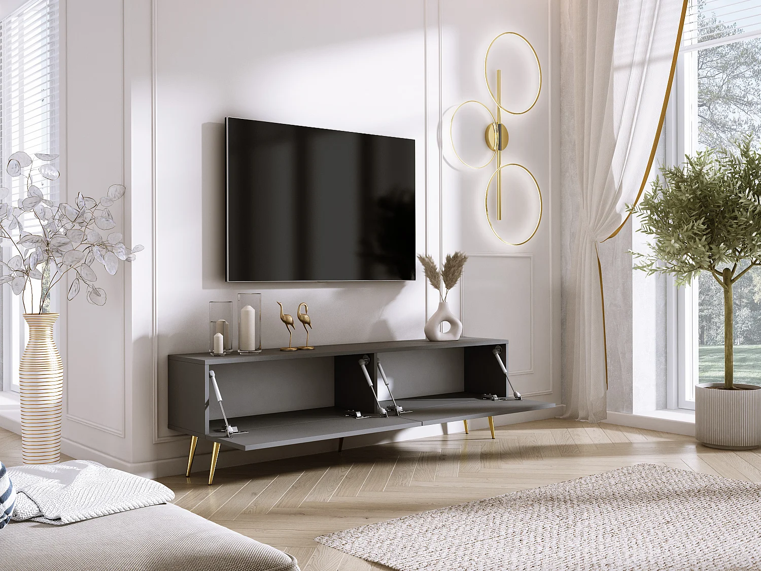 Meuble TV : Anthracite, pieds dorées, 170 x 52 x 32 cm