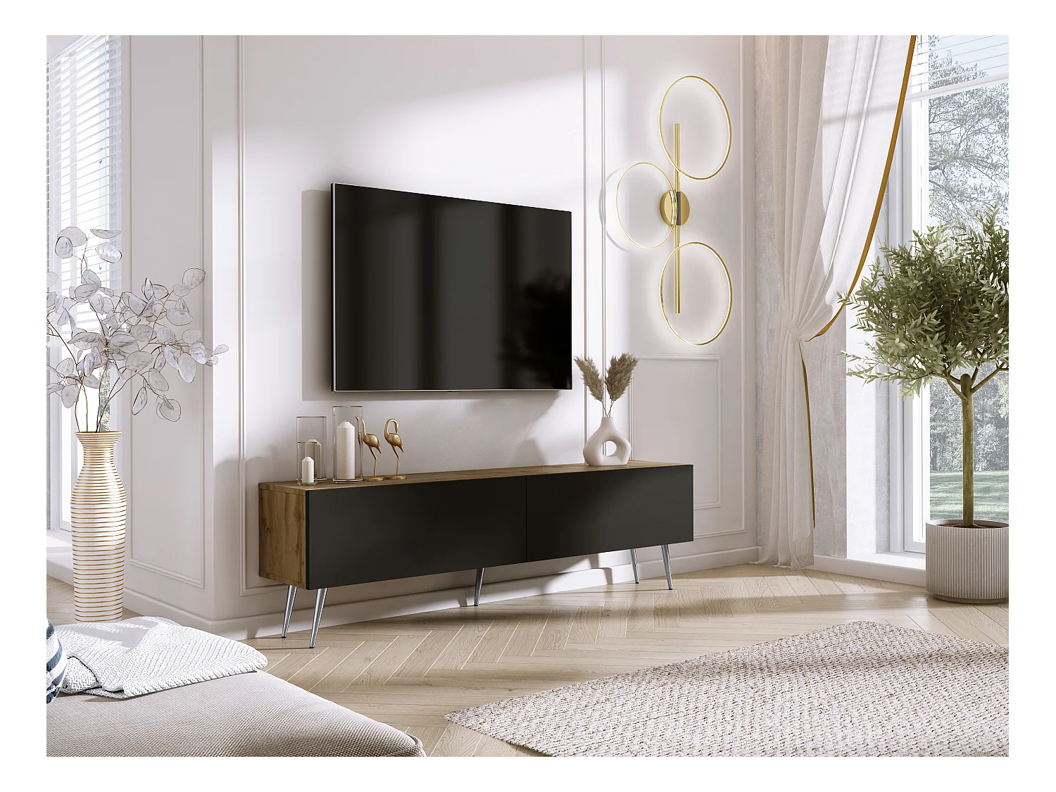 Meuble TV : Chêne Wotan / Noir Mat, pieds Chrome, 170 x 52 x 32 cm