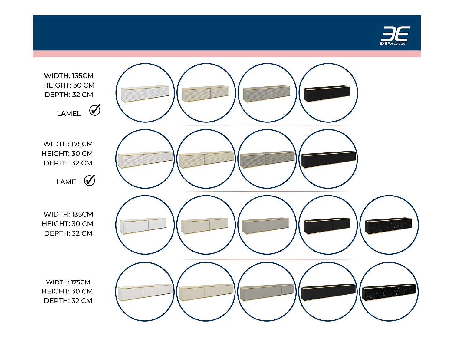 TV-meubel met witte latten, gouden poten, 175 x 30 x 52 cm, Push to Open