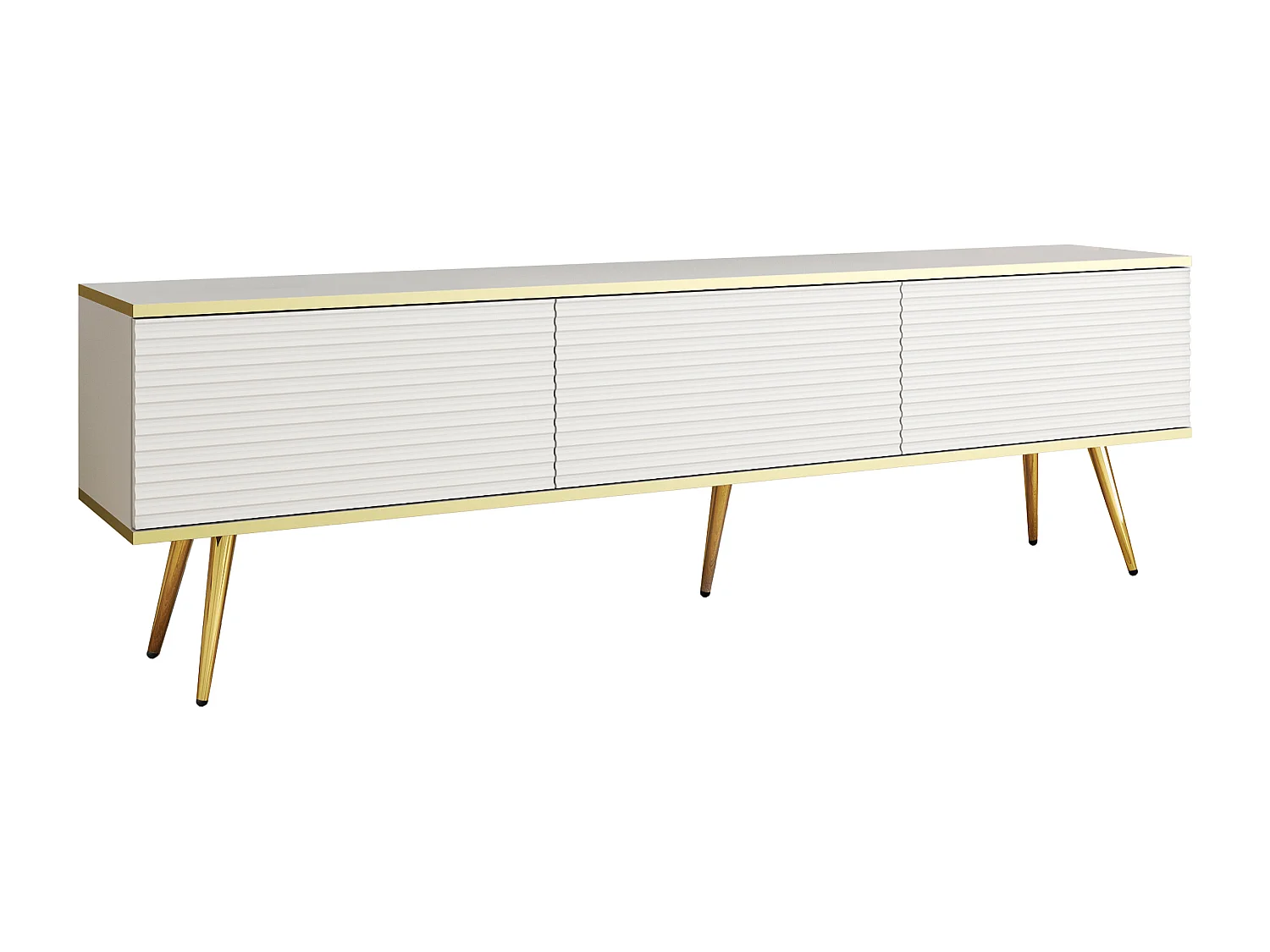 TV-Einheit mit weißen Lamellen, goldenen Füßen, 175 x 30 x 52 cm, Push-to-Open