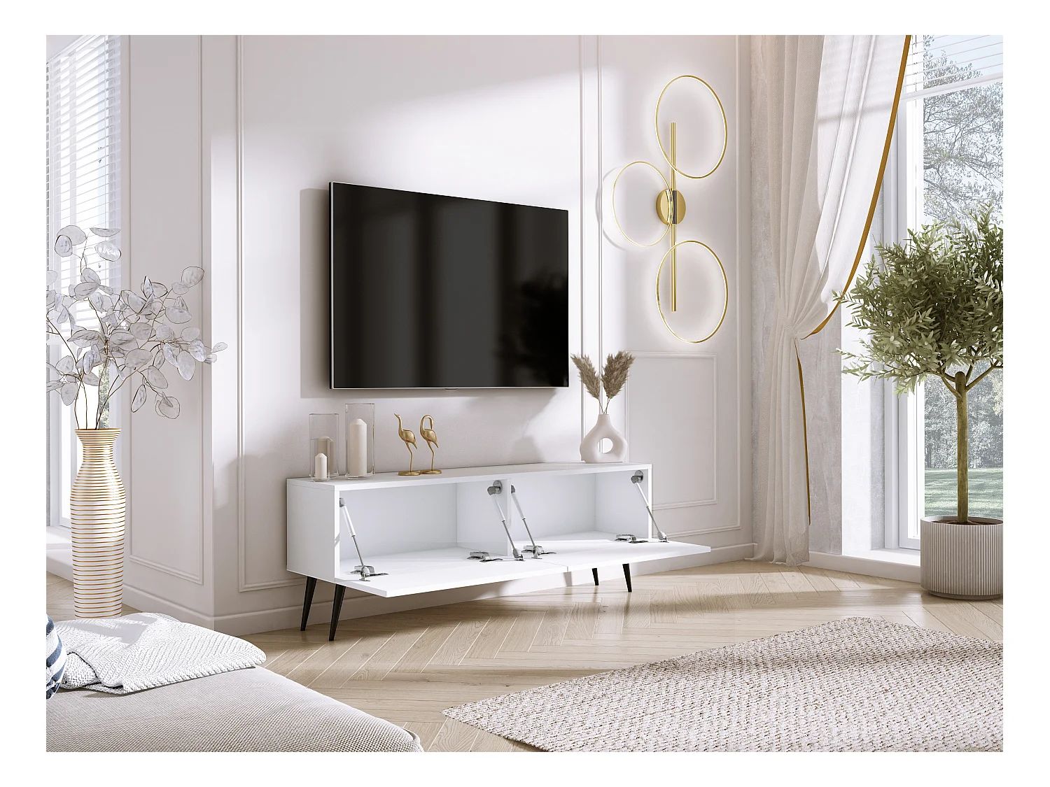 Meuble TV : Blanc Mat, pieds noires, 140 x 52 x 32 cm