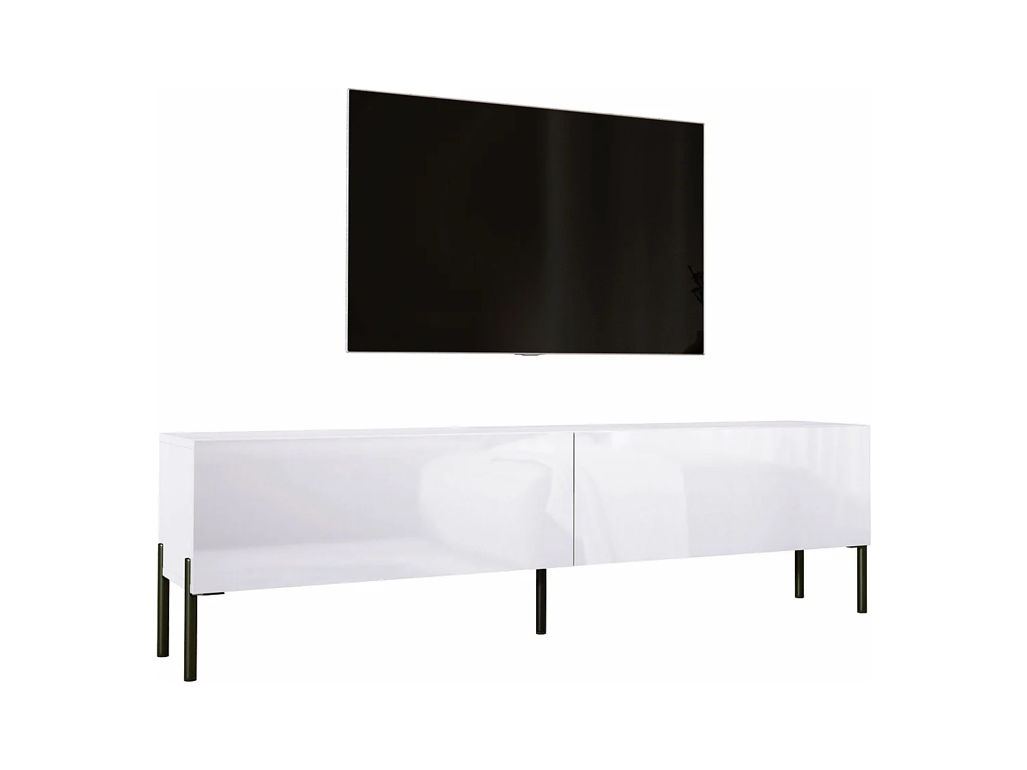 Meuble TV : Blanc Mat / Blanc Brillant, pieds noires, 170 x 52 x 32 cm