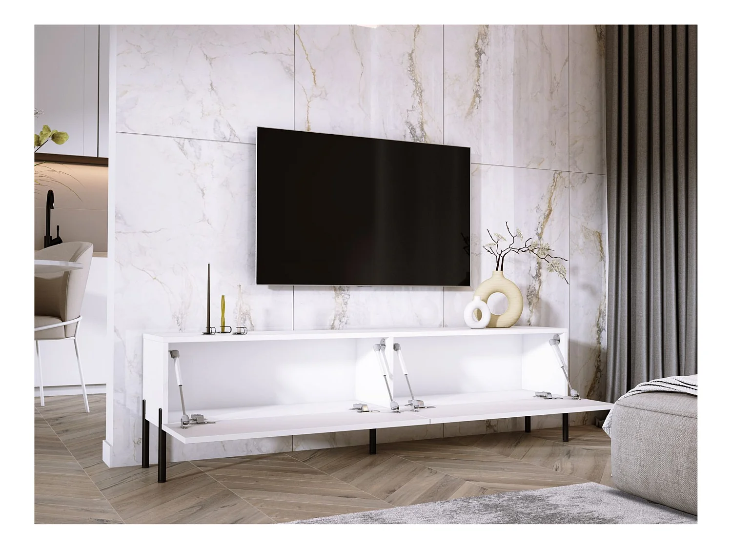 Meuble TV : Blanc Mat / Blanc Brillant, pieds noires, 170 x 52 x 32 cm