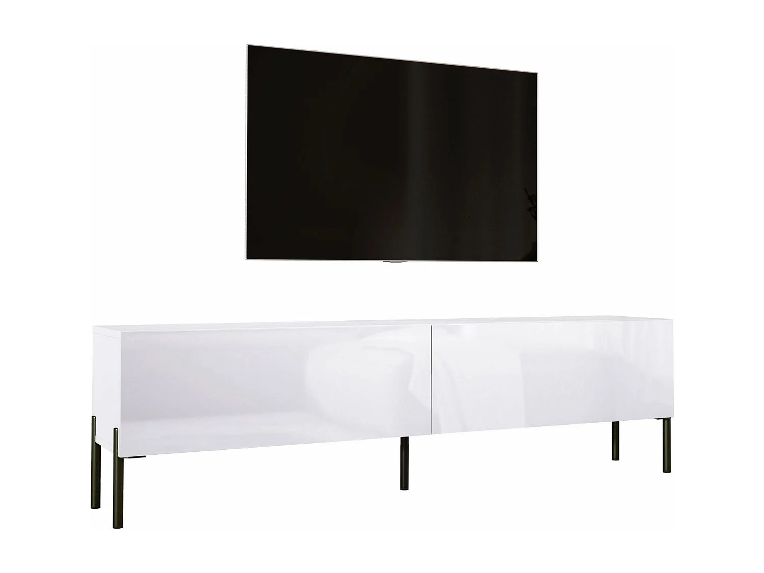 Meuble TV : Blanc Mat / Blanc Brillant, pieds noires, 170 x 52 x 32 cm