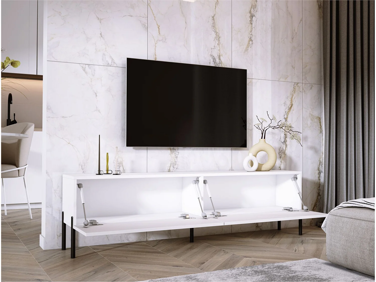 Meuble TV : Blanc Mat / Blanc Brillant, pieds noires, 170 x 52 x 32 cm