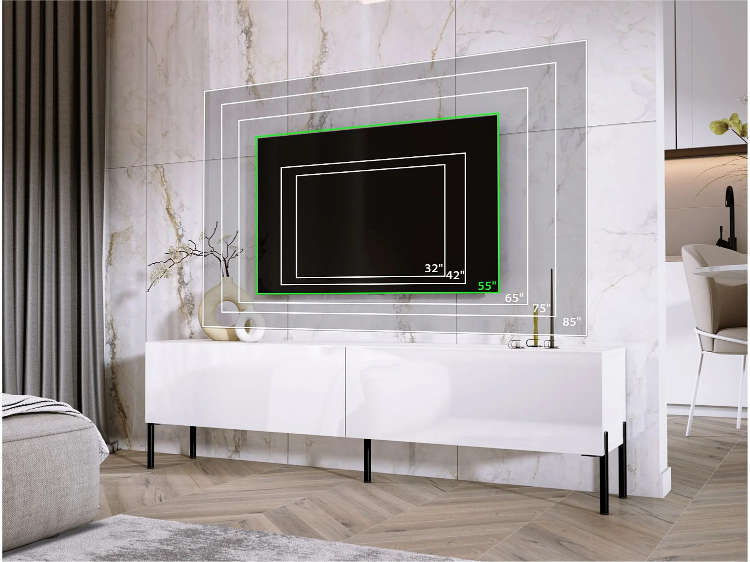 Meuble TV : Blanc Mat / Blanc Brillant, pieds noires, 170 x 52 x 32 cm