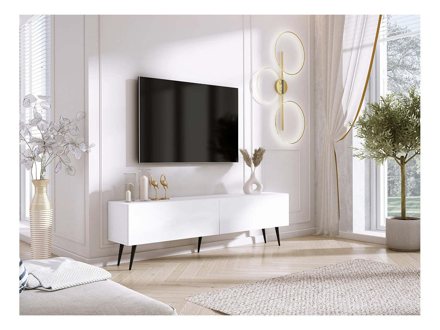 Móvel TV: Branco mate, pernas pretas, 170 x 52 x 32 cm