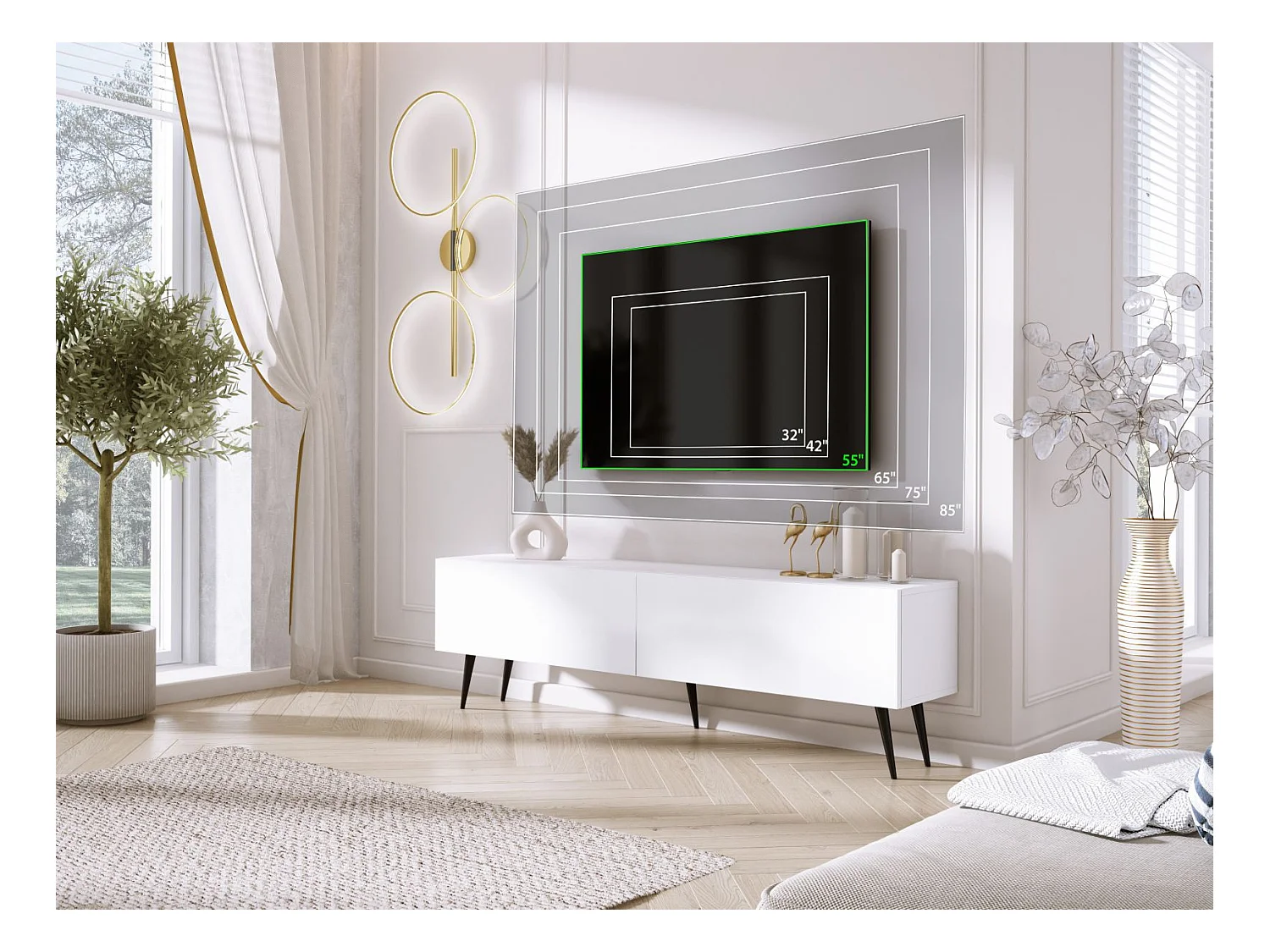 Móvel TV: Branco mate, pernas pretas, 170 x 52 x 32 cm