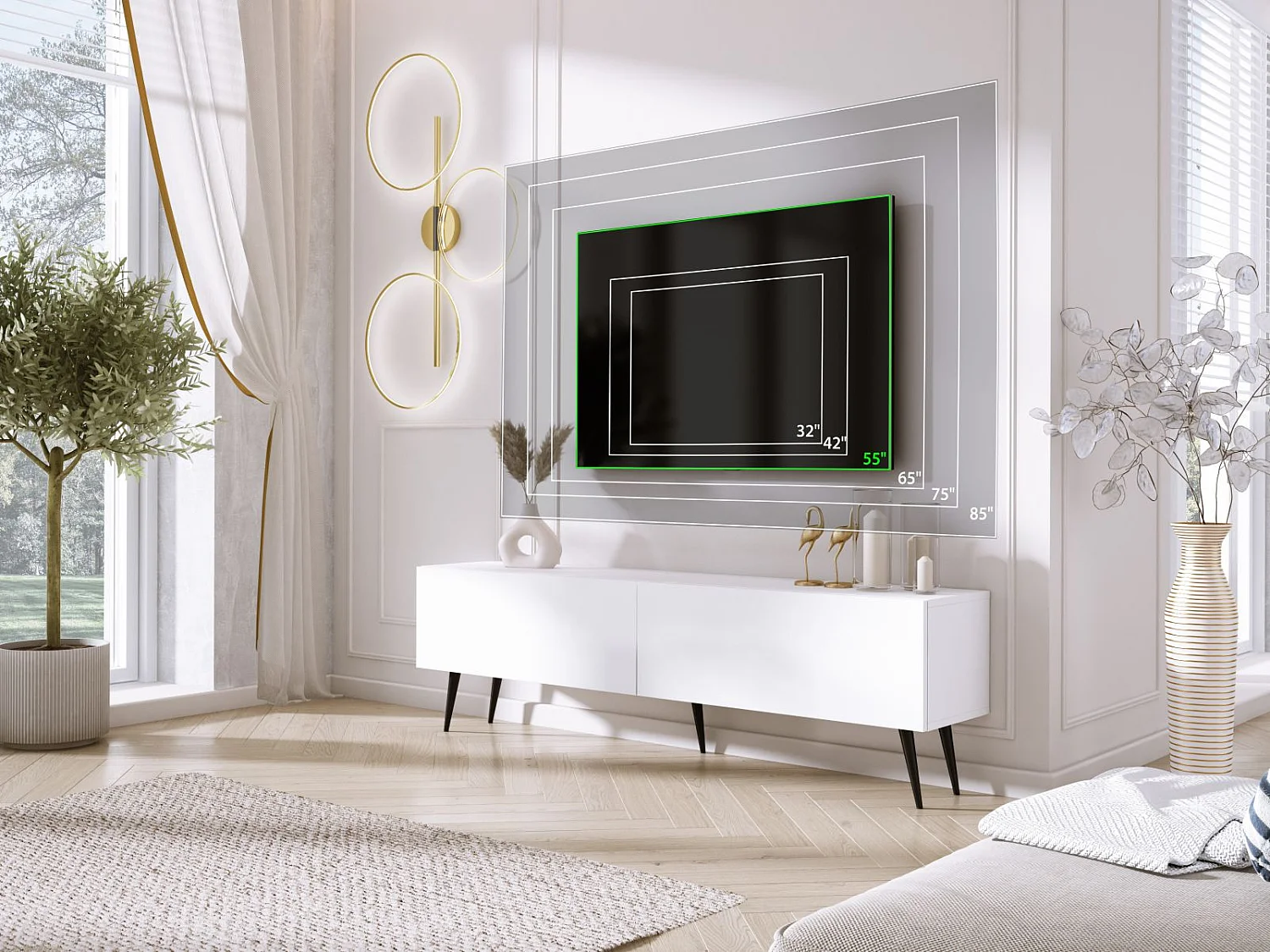 TV-Schrank: Mattweiß, schwarze Beine, 170 x 52 x 32 cm