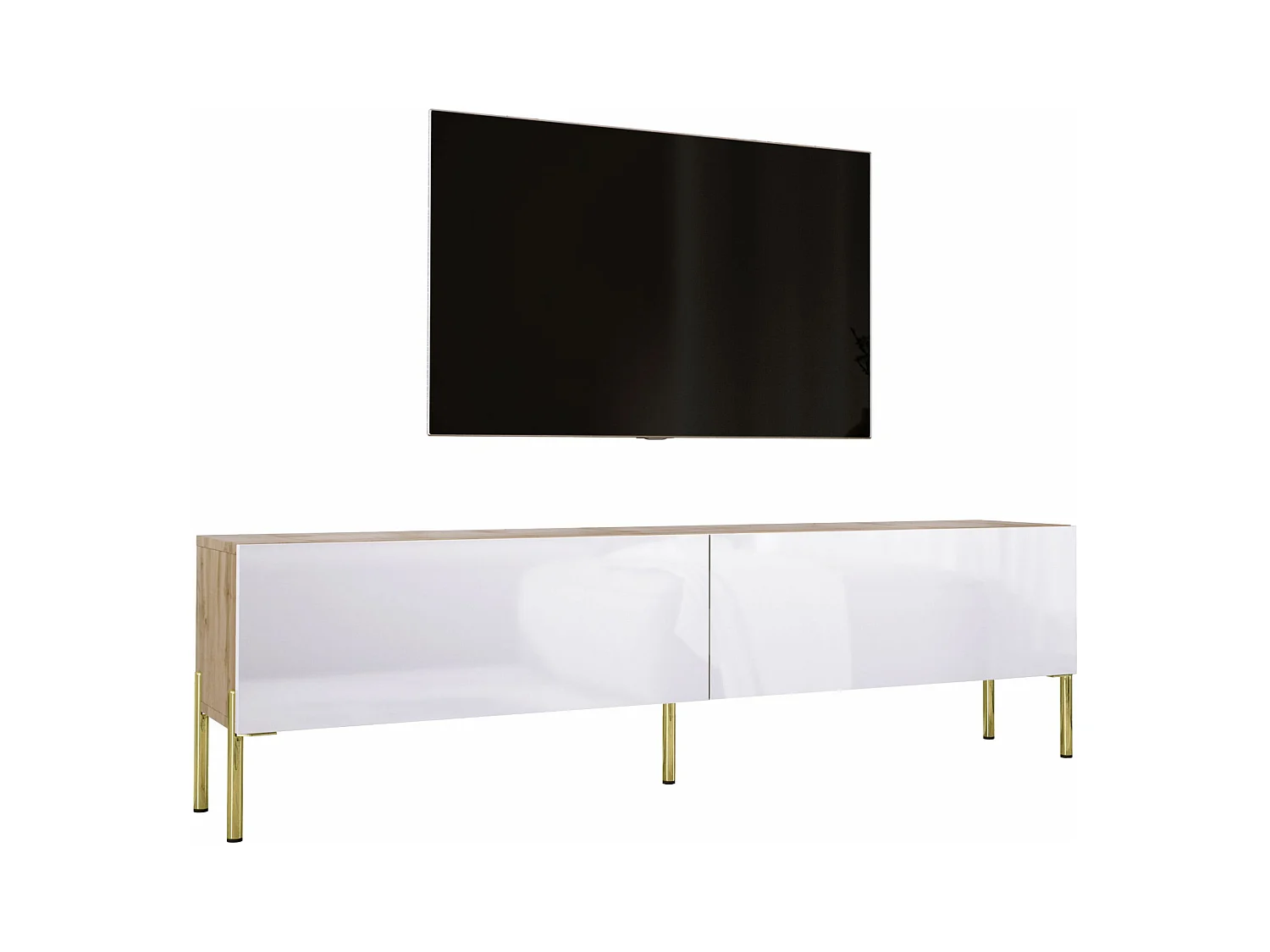 Meuble TV : Chêne Wotan / Blanc Brillant, pieds dorées, 170 x 52 x 32 cm